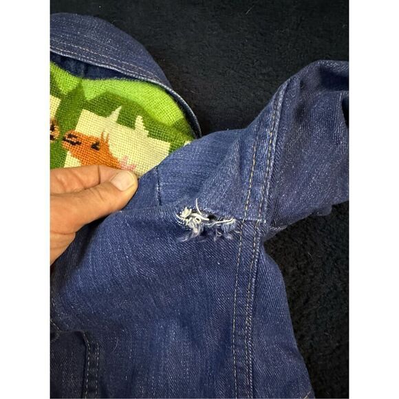 Vintage 1960s Slantzi Craft Selvedge Blue Jean Denim Needlepoint Jacket Womens L - Picture 9 of 13